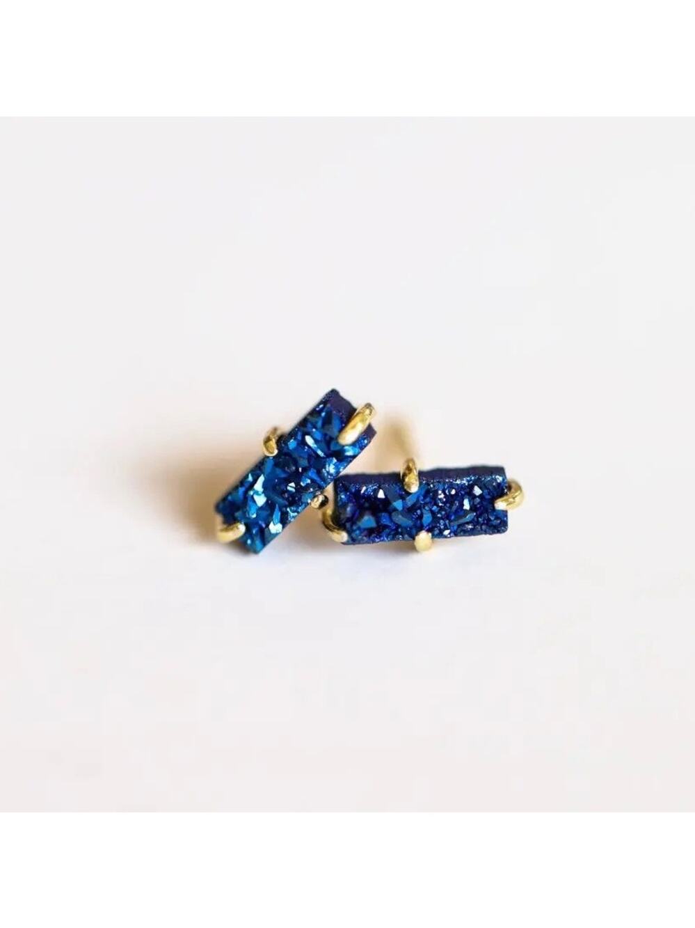 NEW ANTHROPOLOGIE 18kt Gold Navy Blue Druzy Sparkle Stone Gemstone Bar Earring